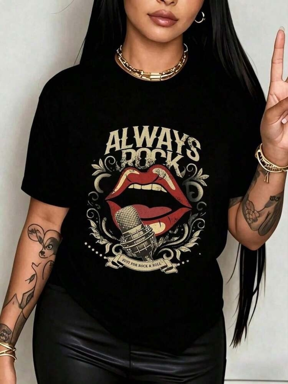 On Fire Black Graphic Tee with Red Lips and Gold Microphone